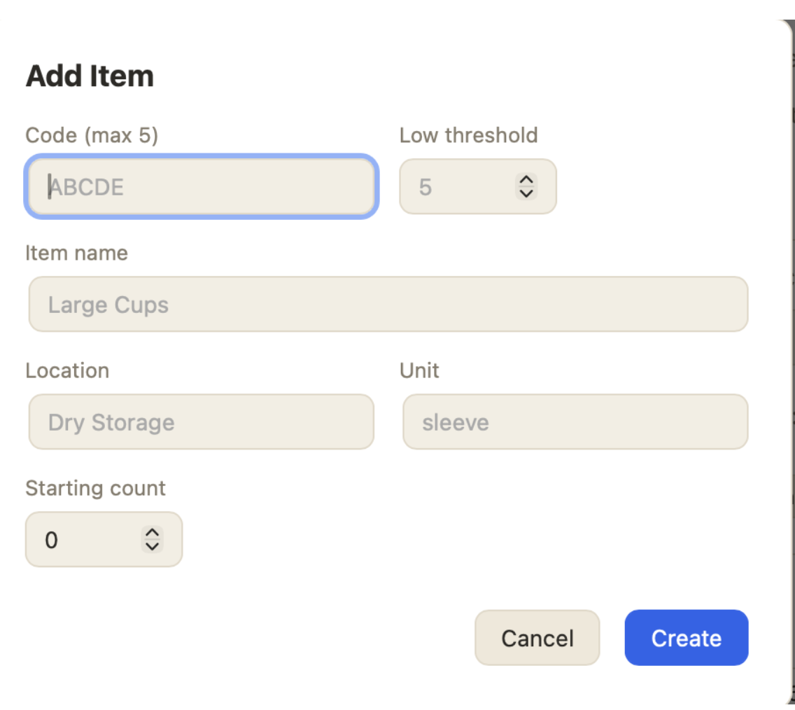 The Add Item dialog: code, low threshold, item name, location, unit, and starting count fields.