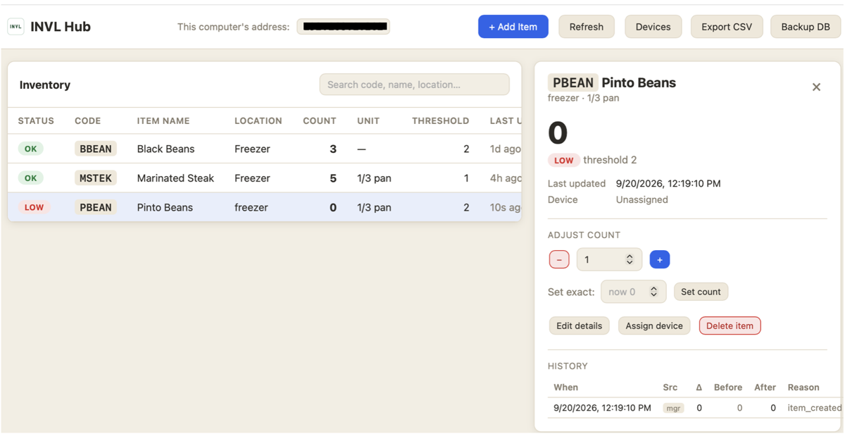 The INVL Hub dashboard: an inventory table on the left, an item detail panel on the right, and this computer's address shown in the top bar.