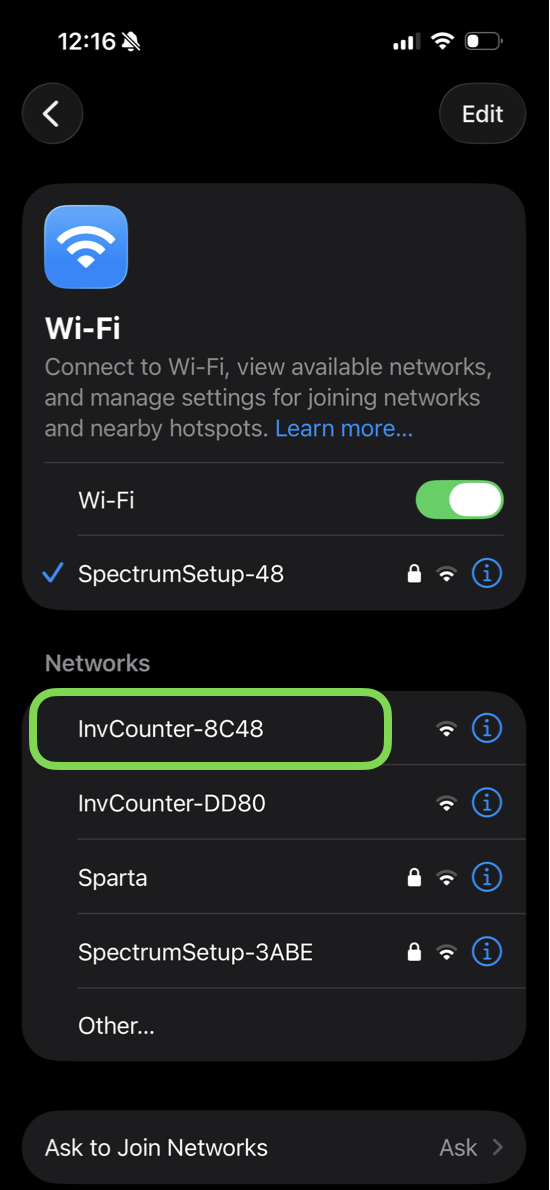 A phone's Wi-Fi settings with the counter's InvCounter-8C48 hotspot highlighted in the network list.