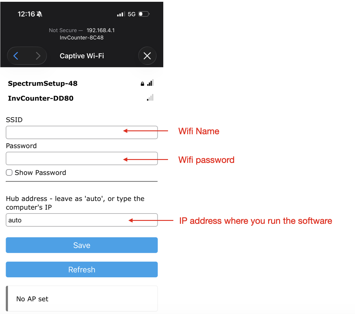 The setup form: SSID is your Wi-Fi name, Password is your Wi-Fi password, and Hub address takes the IP address of the computer running the software.