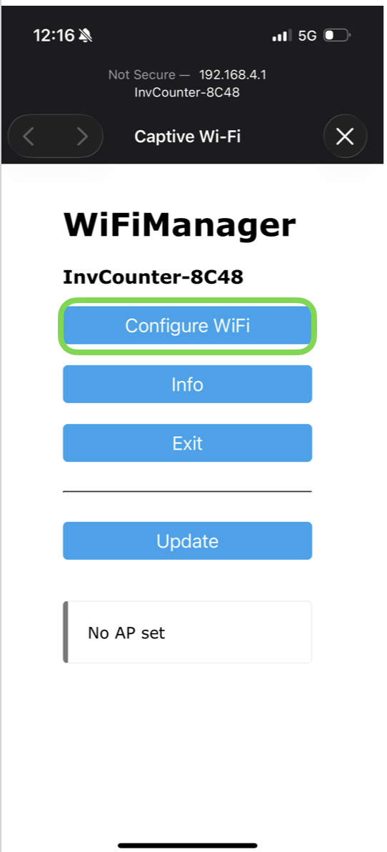 The counter's setup page with the Configure WiFi button highlighted.